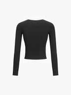 Black ribbed crop top with button front, back view