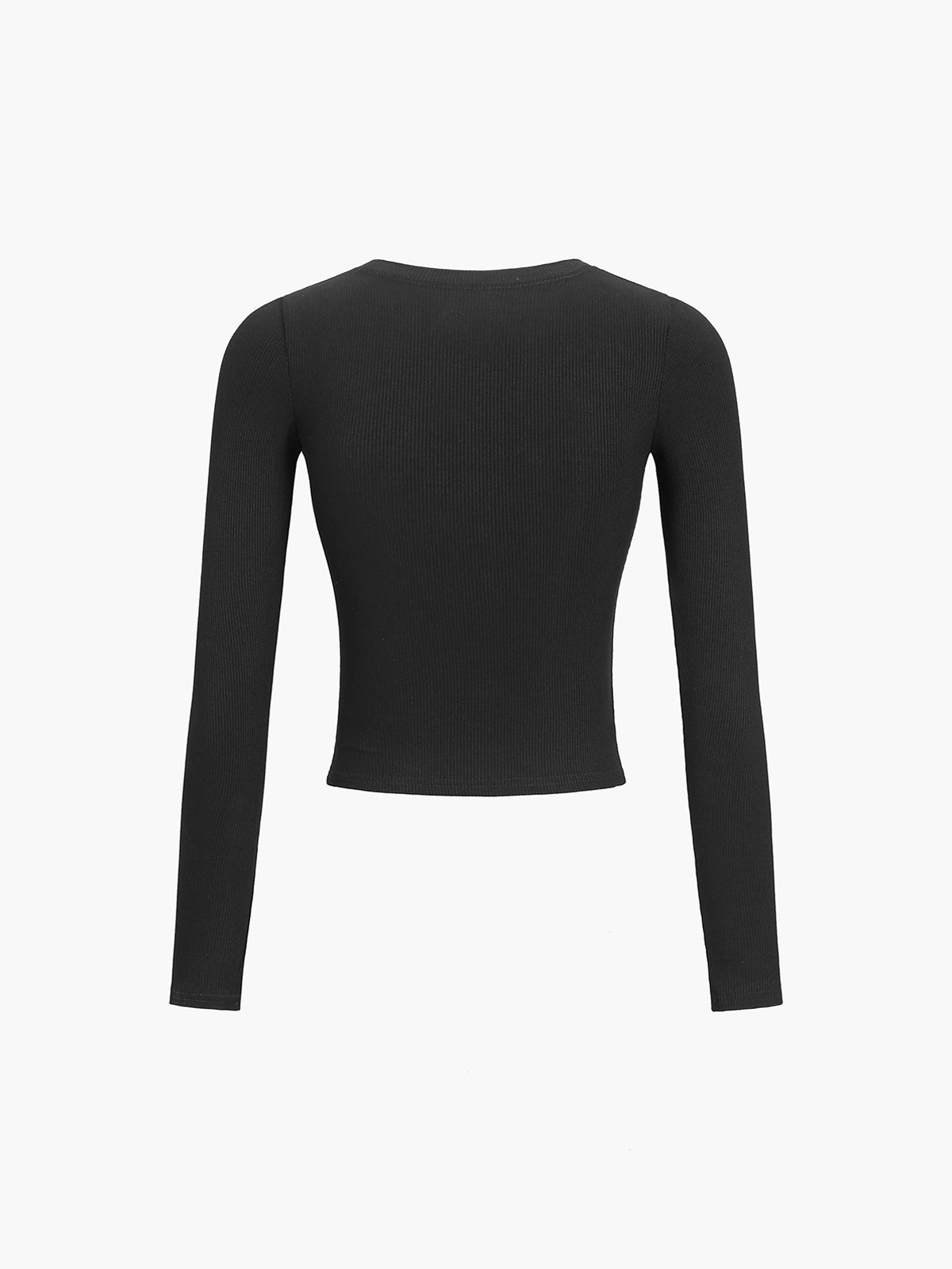 Black ribbed crop top with button front, back view