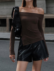 Brown off-shoulder top with asymmetrical hem side profile