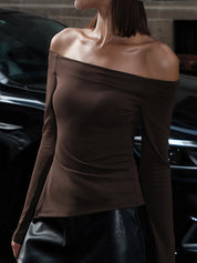Brown off-shoulder top with asymmetrical hem close-up front view