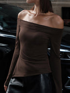 Brown off-shoulder top with asymmetrical hem close-up front view