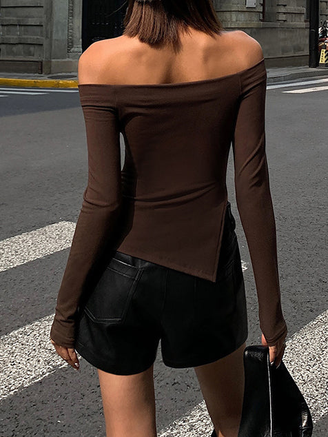 Brown off-shoulder top with asymmetrical hem back view