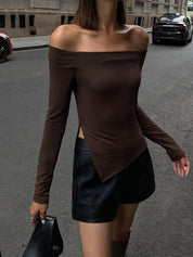 Brown off-shoulder top with asymmetrical hem front view