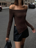 Brown off-shoulder top with asymmetrical hem front view