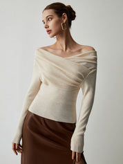 Cream off-shoulder sweater with long sleeves, front view