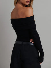 Off-shoulder ribbed top black side view
