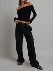 Off-shoulder ribbed top black full body view