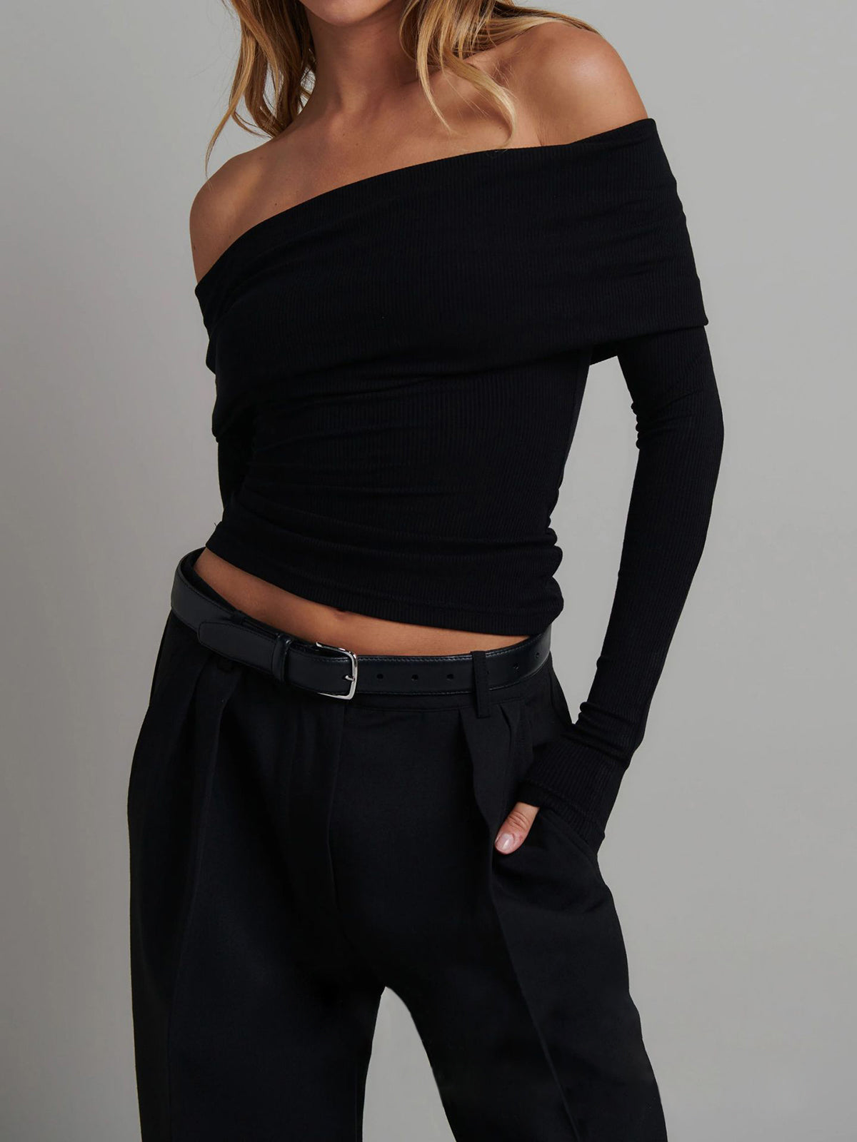 Off-shoulder ribbed top black front view