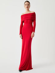 Red off-shoulder dress with ruched bodice front view