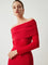 Red off-shoulder dress with ruched bodice close-up detail