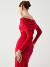 Red off-shoulder dress with ruched bodice back view