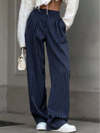 Damesbroek gestreept blauw met hoge taille front view