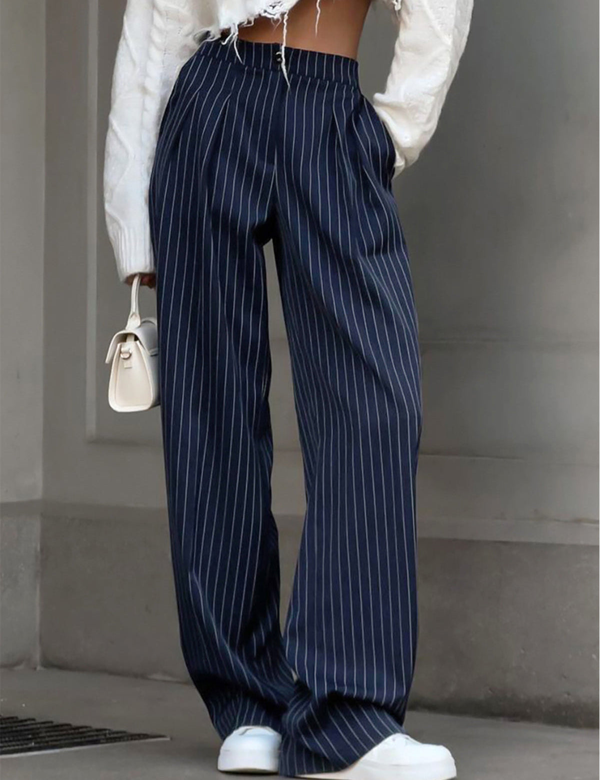 Navy pinstripe wide-leg trousers front view