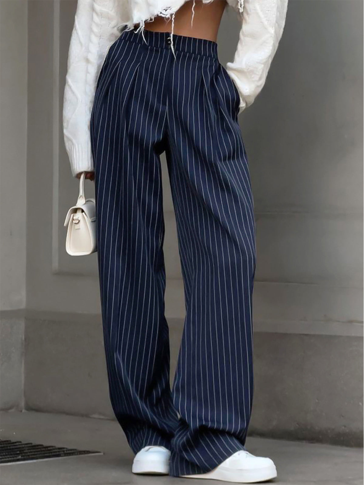Navy pinstripe wide-leg trousers front view