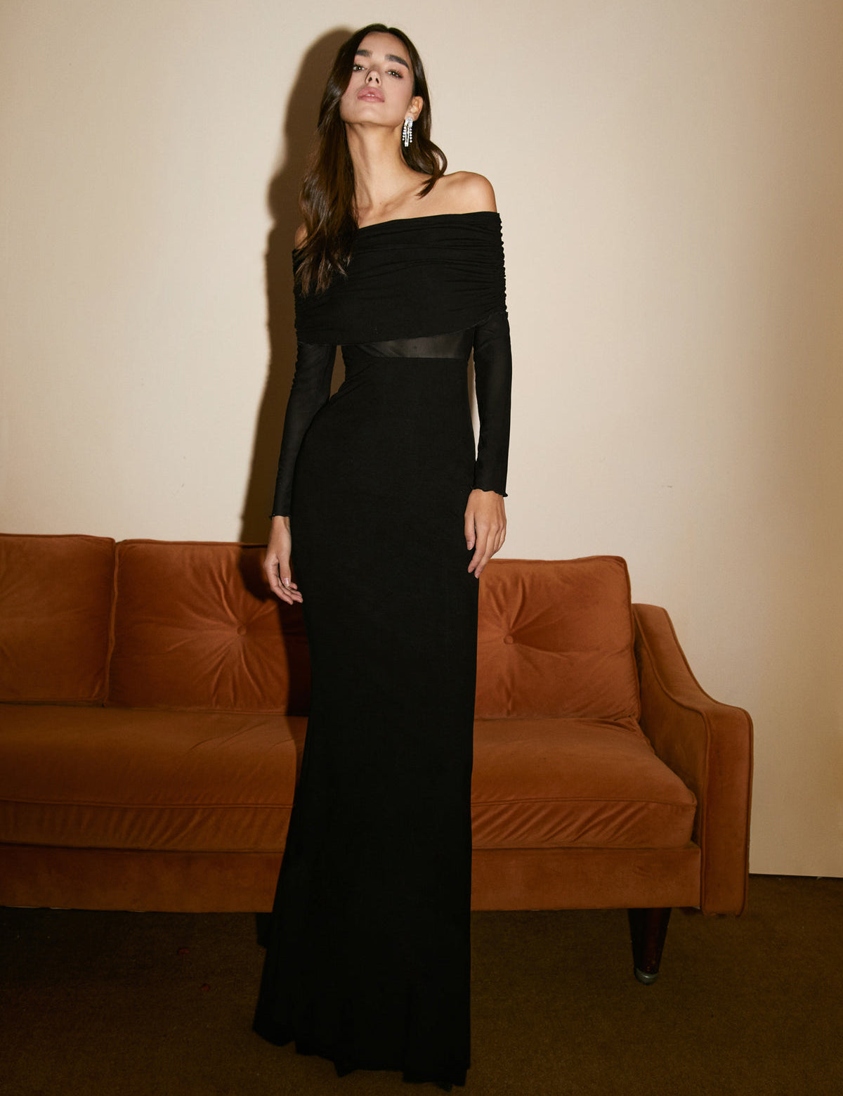 Black off-shoulder dress with ruched bodice front view