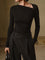 Black asymmetrical neck top with ruched detail front view