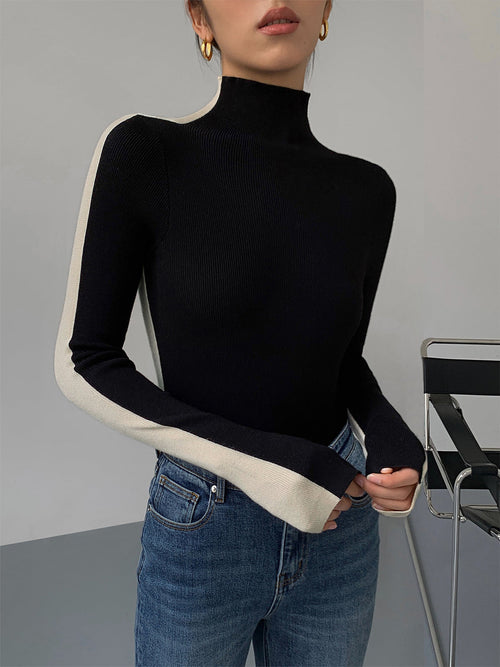Knitted turtleneck sweater black and white front view