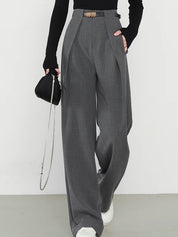 Gray wide-leg trousers with gold belt buckle side view