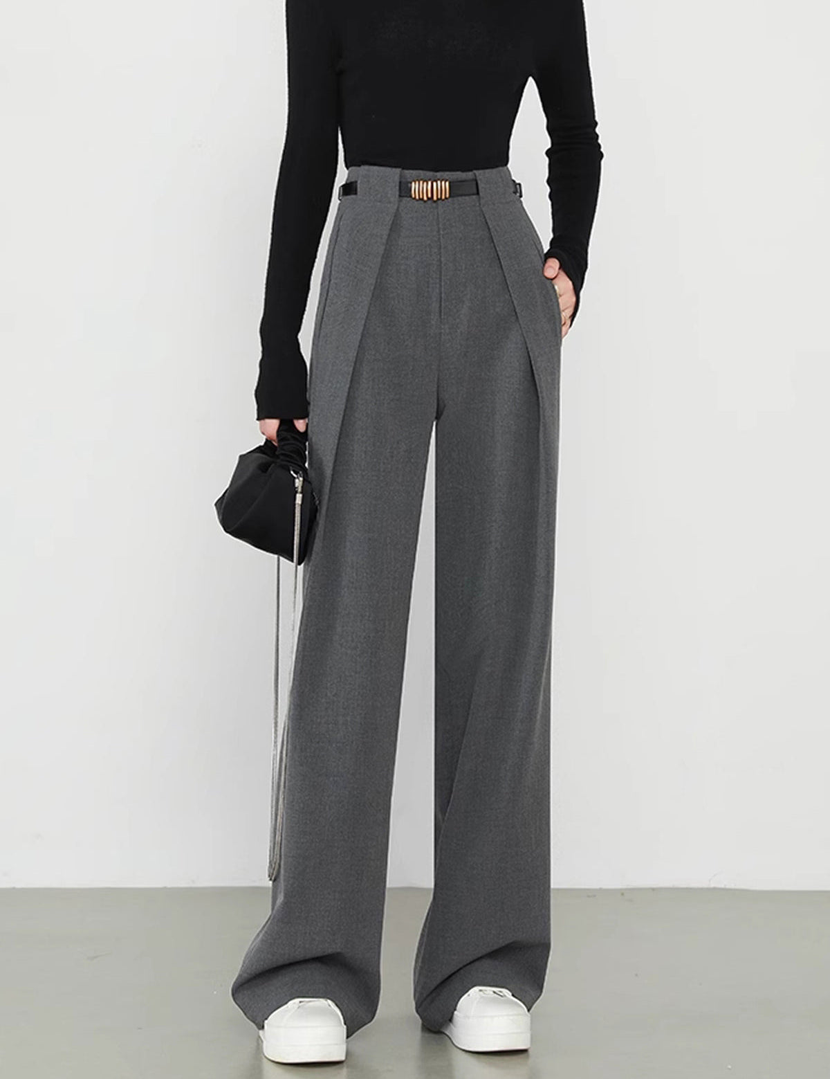 Gray wide-leg trousers with gold belt buckle front view
