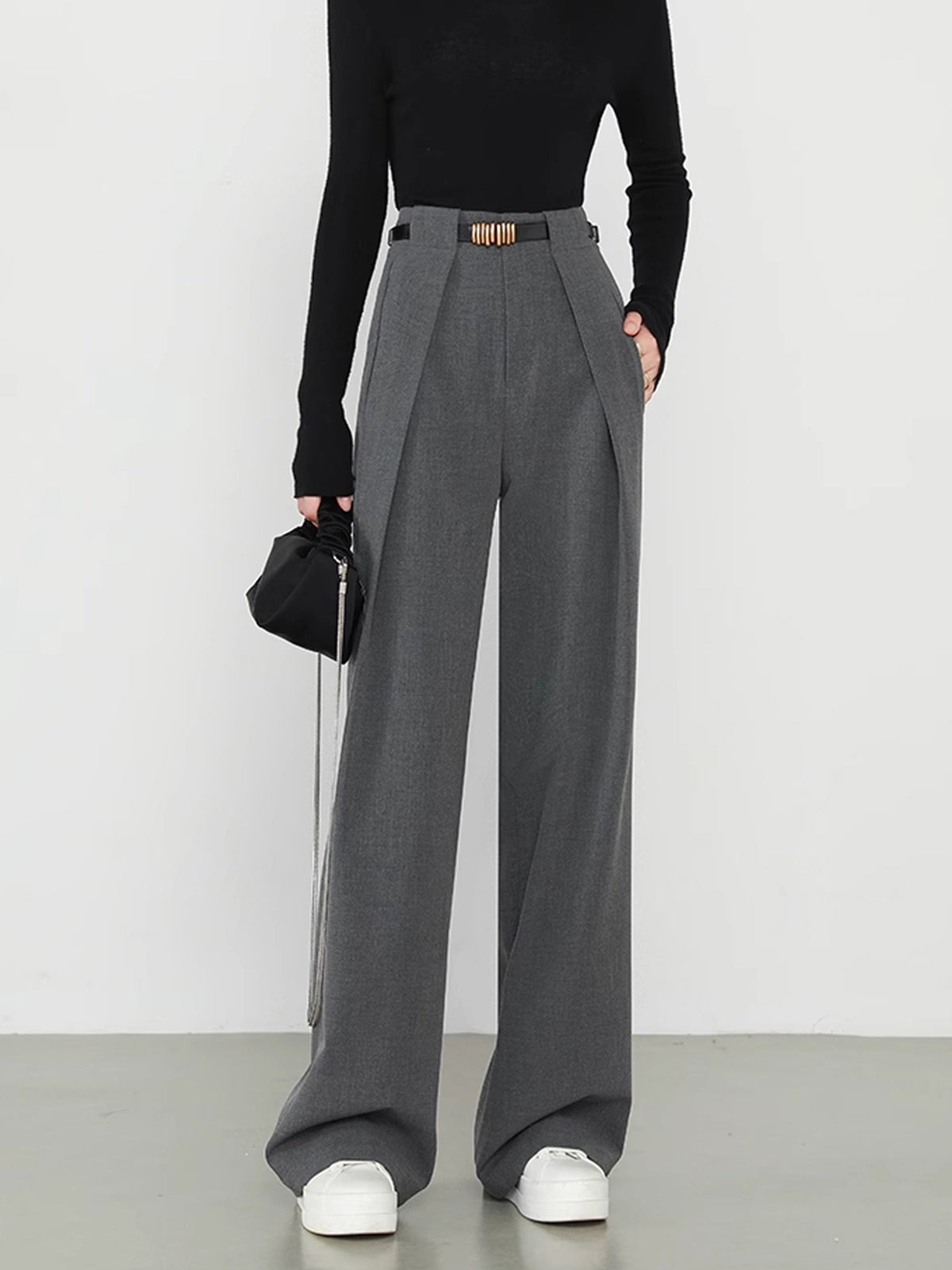 Gray wide-leg trousers with gold belt buckle front view