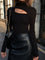 Black asymmetrical neckline bodysuit with leather skirt front view