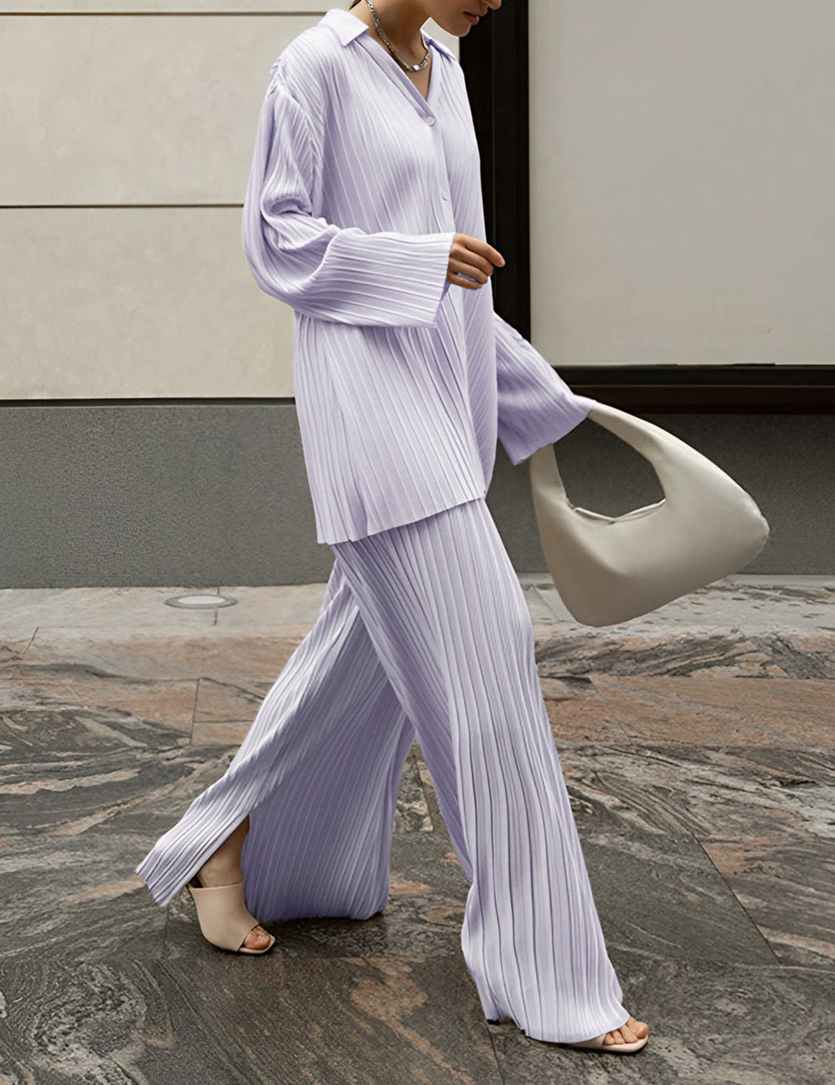 Lavender pleated two-piece set front view