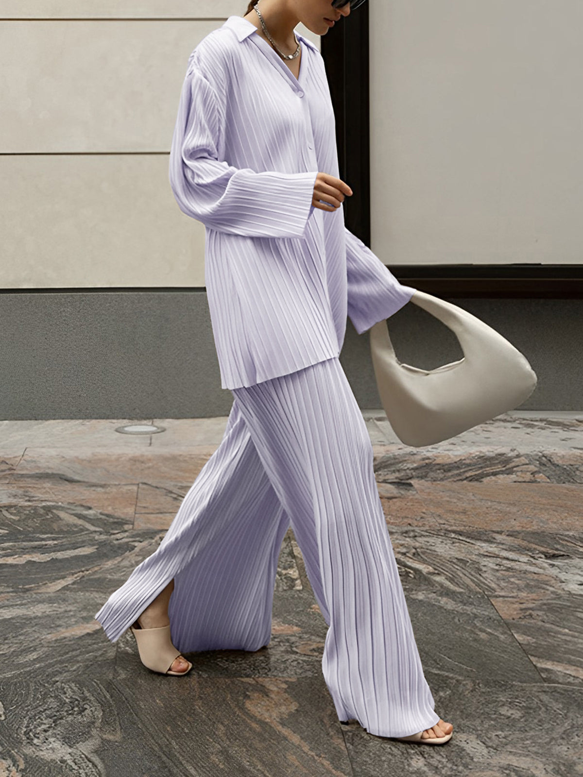 Lavender pleated two-piece set front view