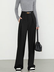 Black wide-leg trousers with gold belt buckle front view
