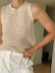 Beige sleeveless top with open texture side view