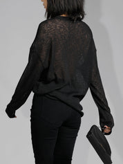 Off-shoulder sheer black sweater back view