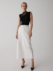 Black ribbed sleeveless top with sheer panel full body view