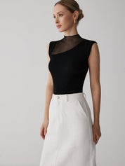 Black ribbed sleeveless top with sheer panel side view