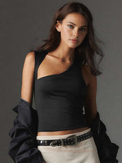 Black tank top with asymmetrical neckline side view
