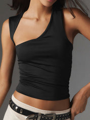 Black tank top with asymmetrical neckline front view