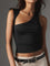 Black tank top with asymmetrical neckline close-up