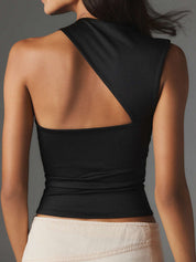 Black tank top with asymmetrical neckline back view