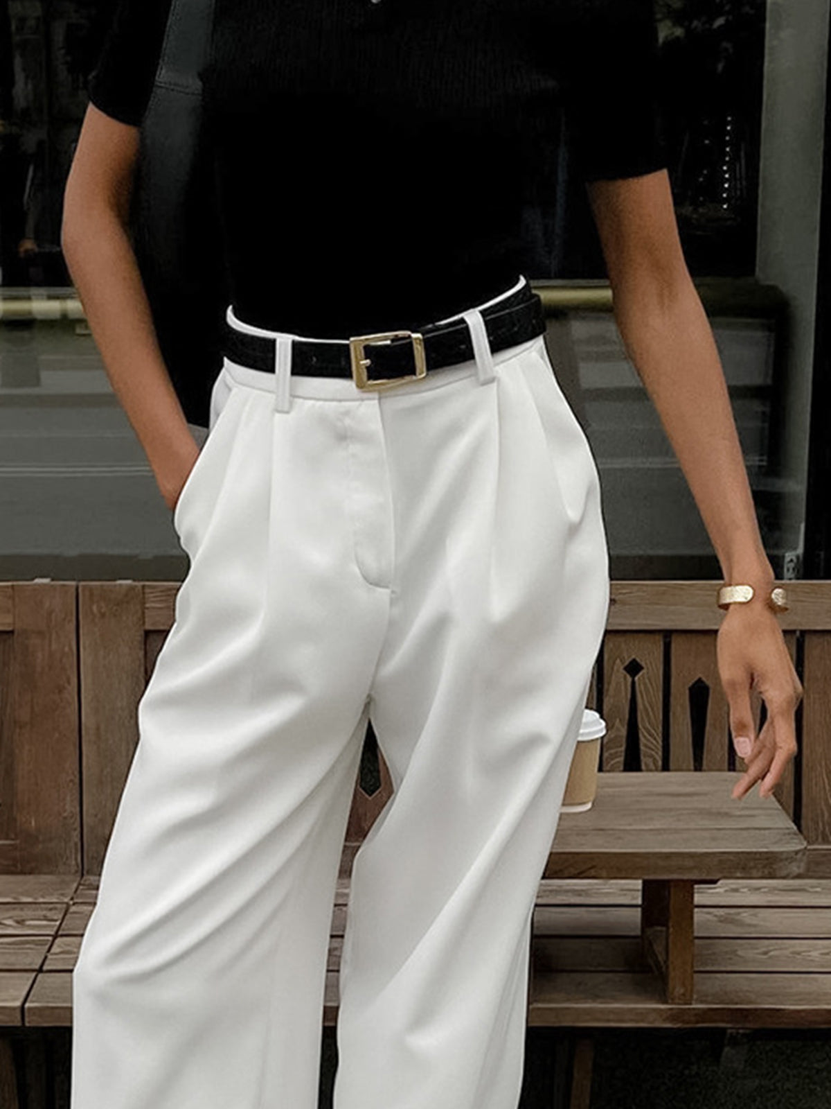 Wide-leg high-waist pants white side view