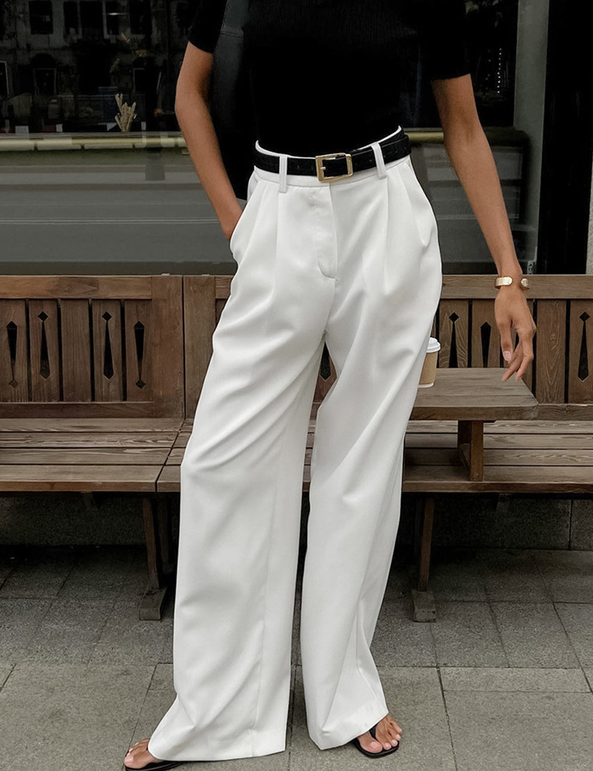 White wide-leg trousers side view with belt