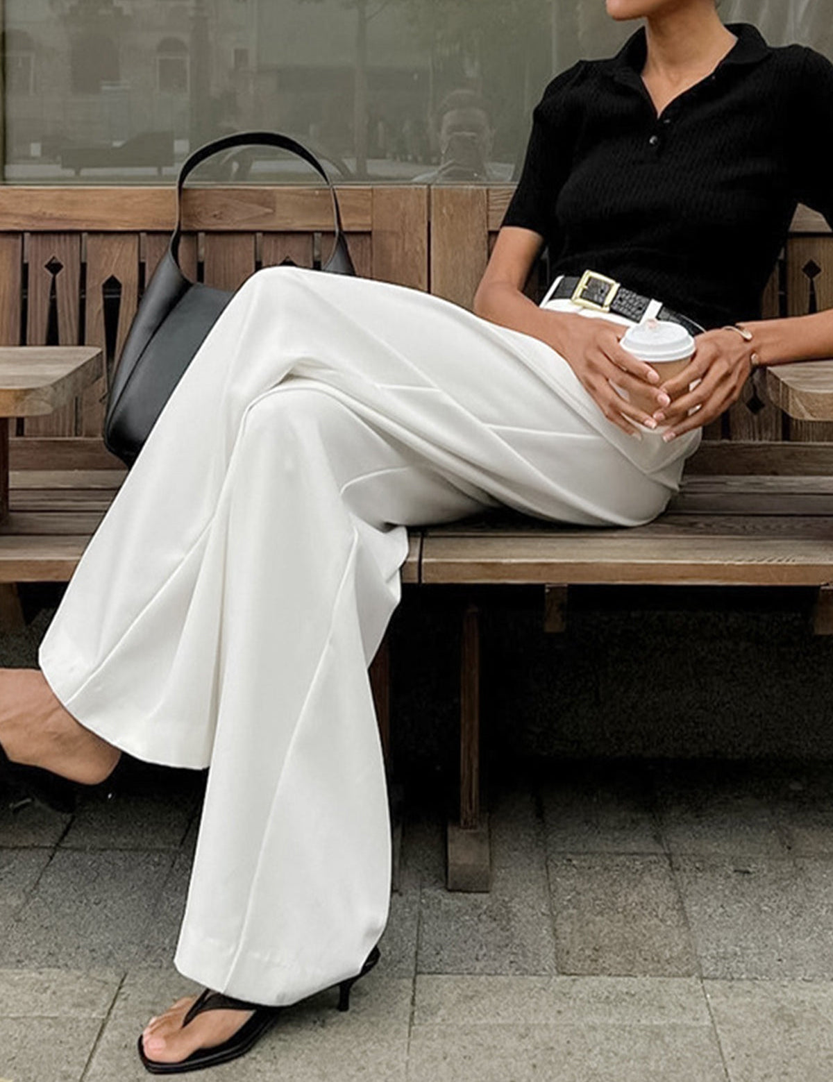 Wide-leg high-waist pants white seated view