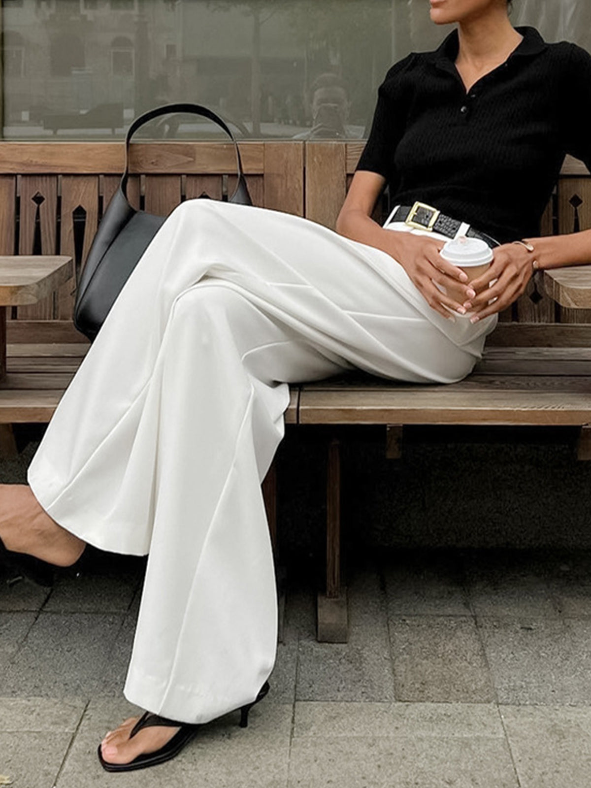 Wide-leg high-waist pants white seated view