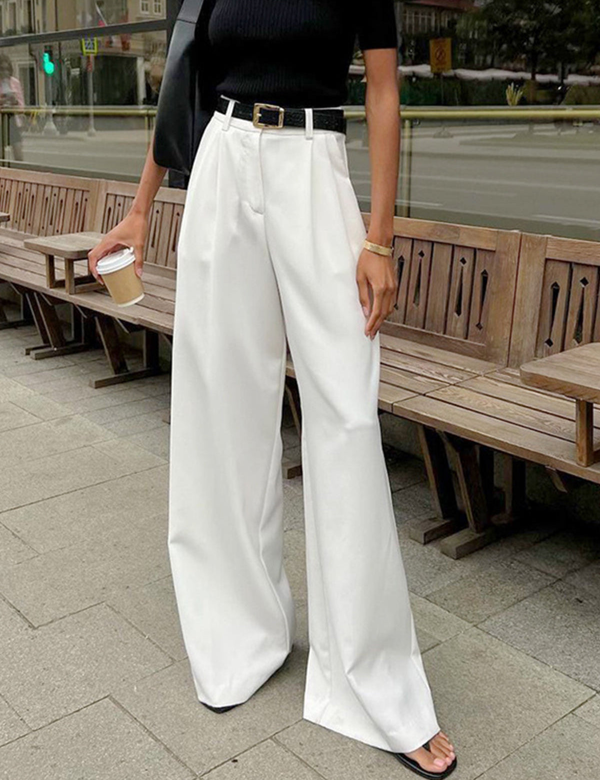 White wide-leg trousers front view with belt