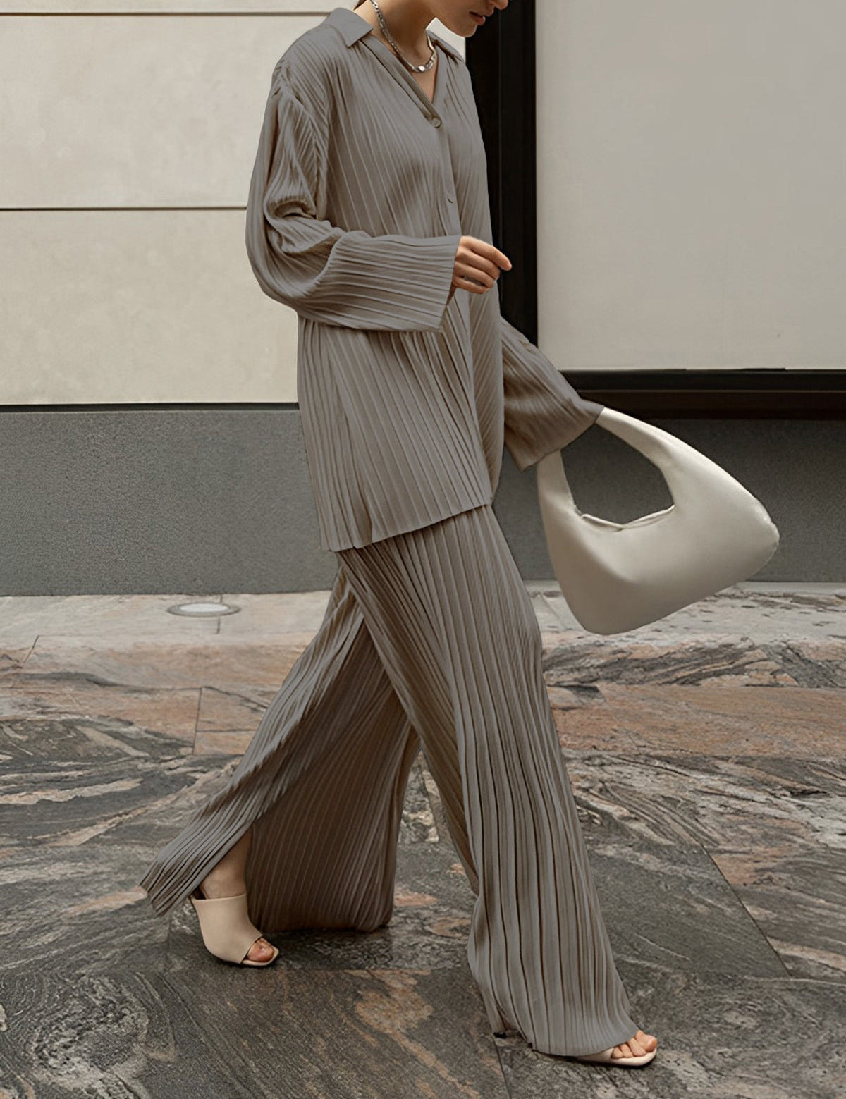 Gray pleated two-piece set front view