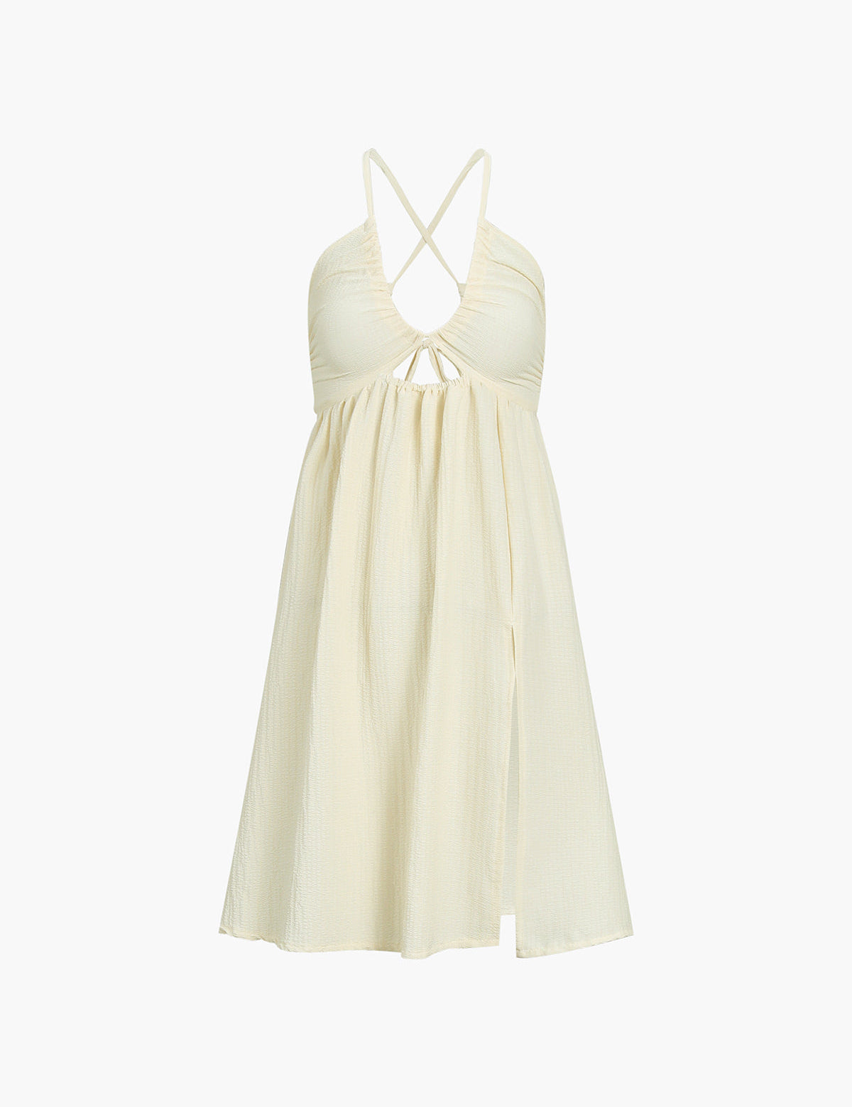 Cream maxi dress front view, crisscross straps and ruched bodice