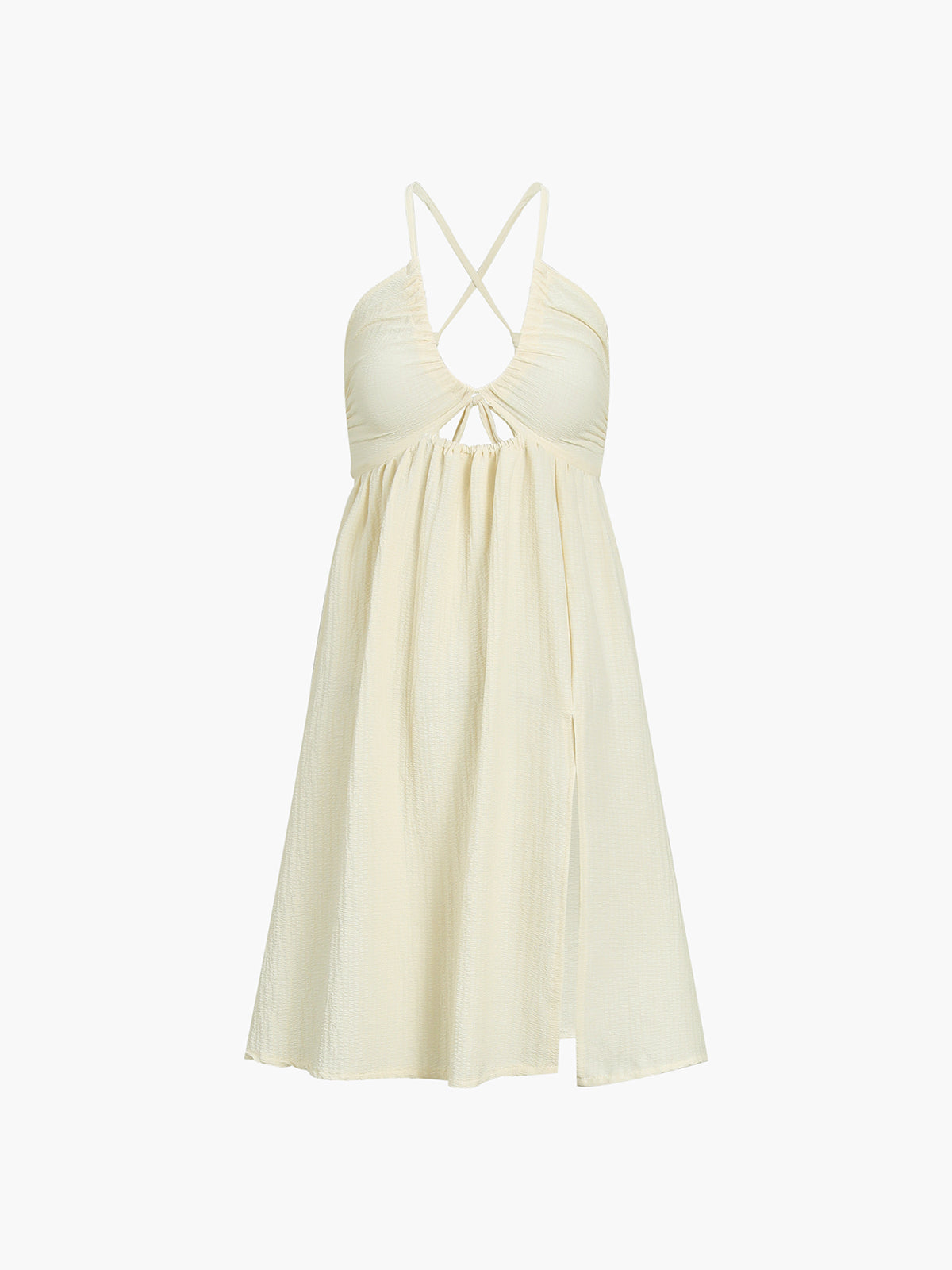 Cream maxi dress front view, crisscross straps and ruched bodice