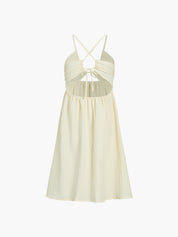 Cream maxi dress side view, ruched bodice and side slit