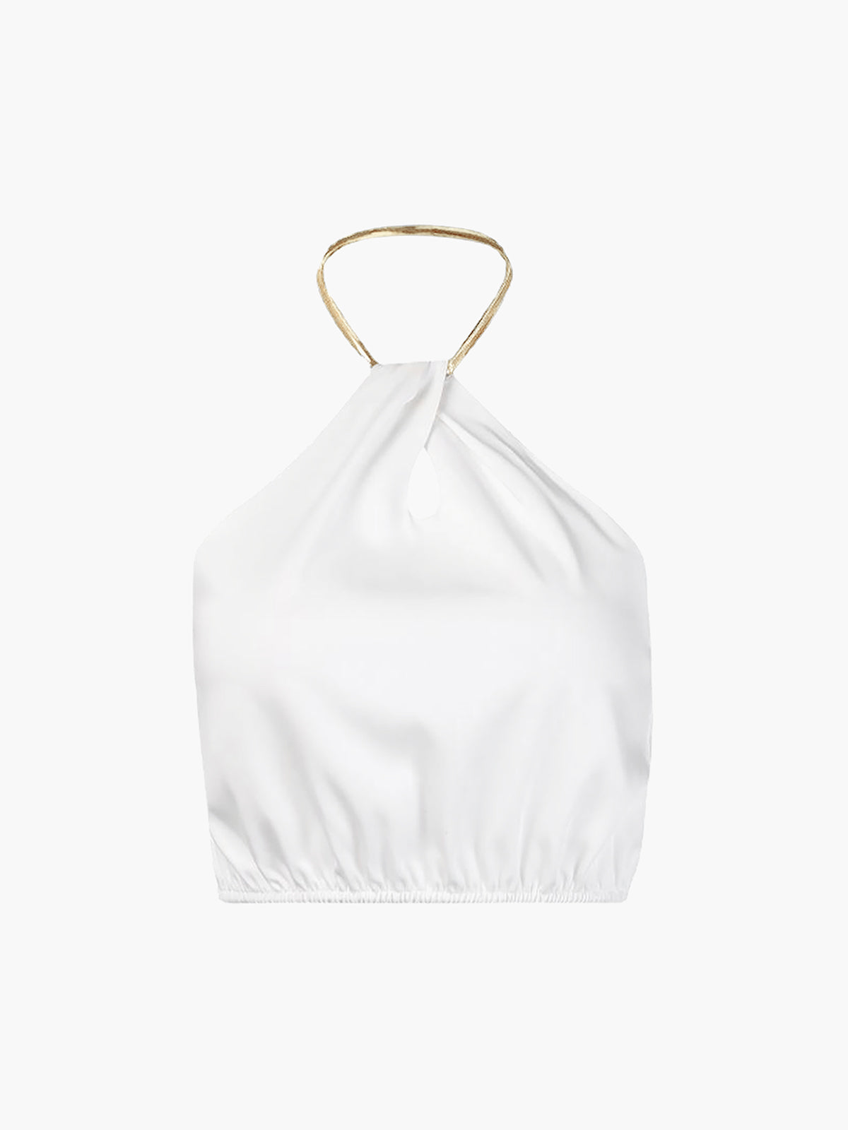 Gold metal necklace on white top isolated view