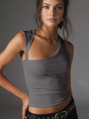 Gray tank top with asymmetrical neckline front view