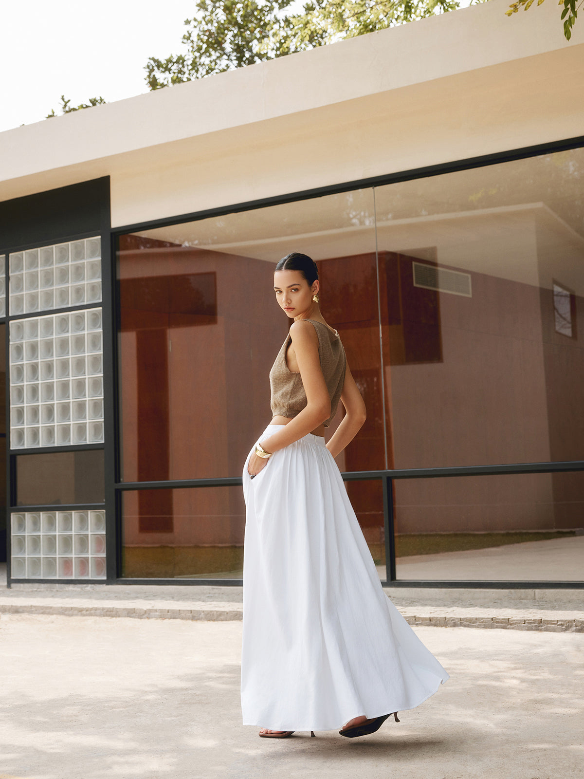 Linnen maxi rok wit plissé look achterzijde