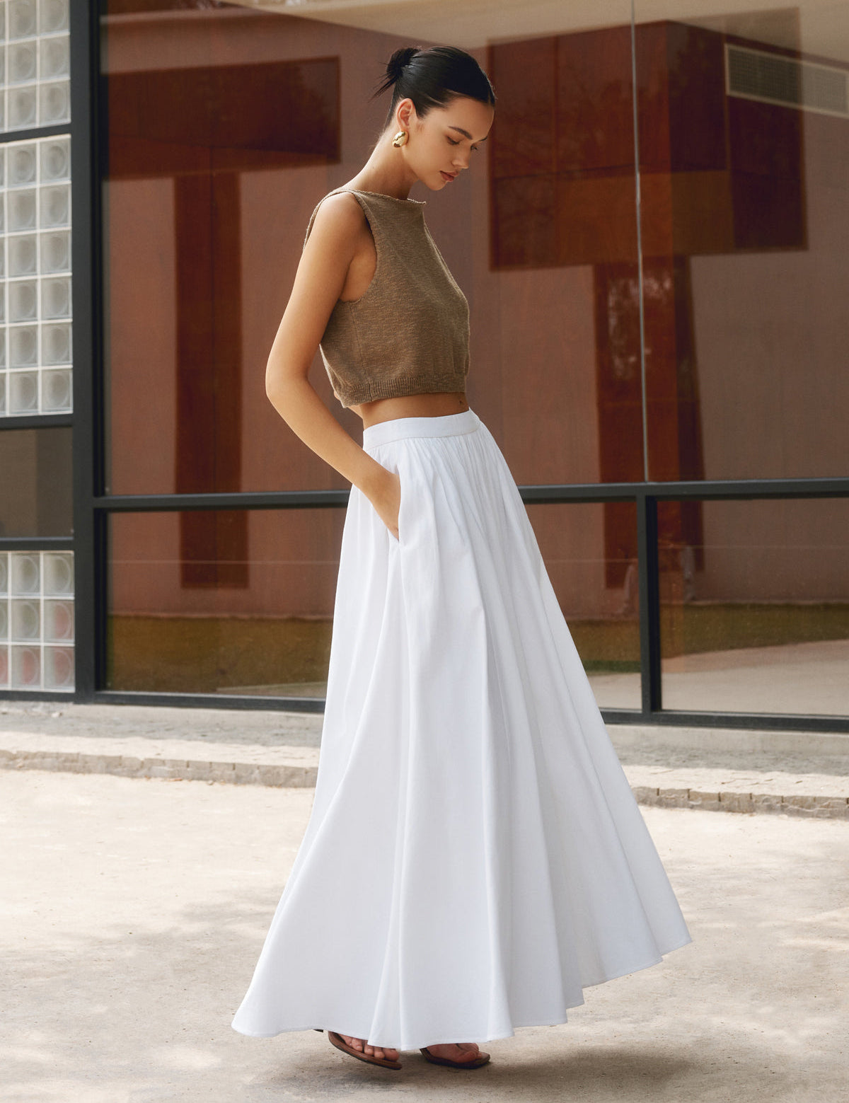 Linnen maxi rok wit plissé look hoge taille front view