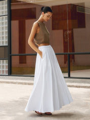 Linnen maxi rok wit plissé look hoge taille front view